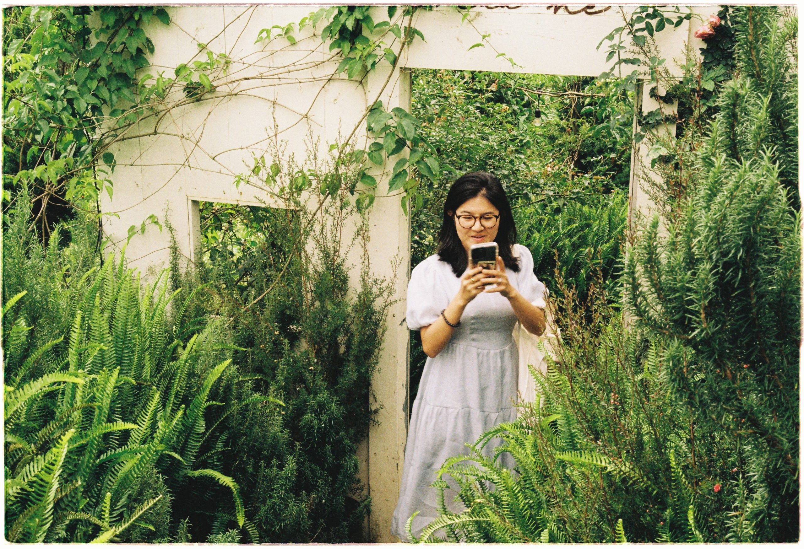 Young woman checking gardening advice on her smartphone surrounded by lush greenery in a botanical garden